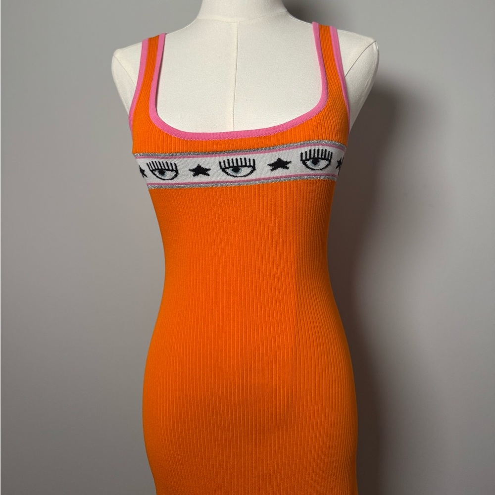 Chiara Ferragni Orange Pink Logo Ribbed Knit Mini Dress Bodycon Eye Motif Small